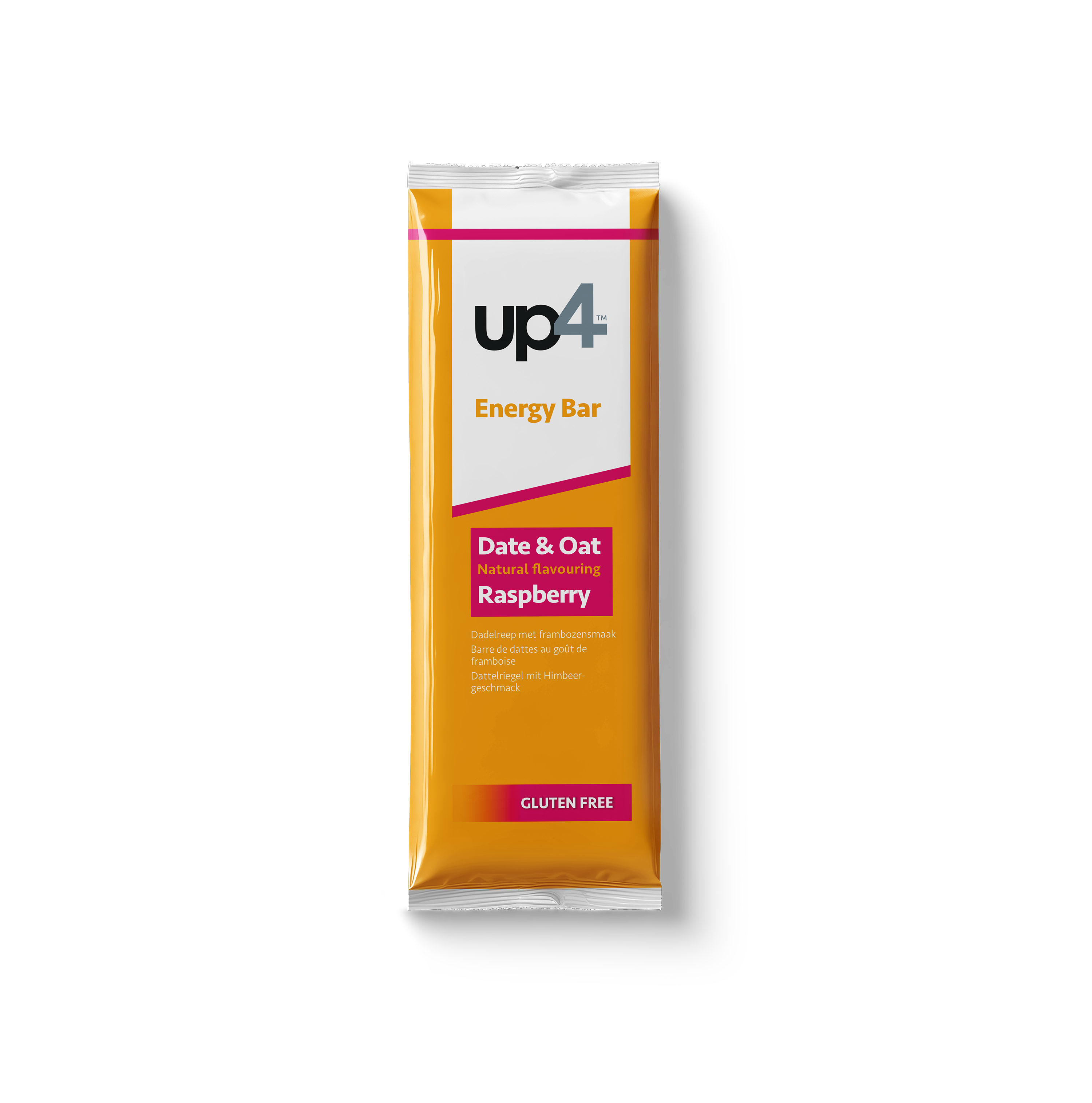 Orange and white date & oat energy bar with raspberry flavor