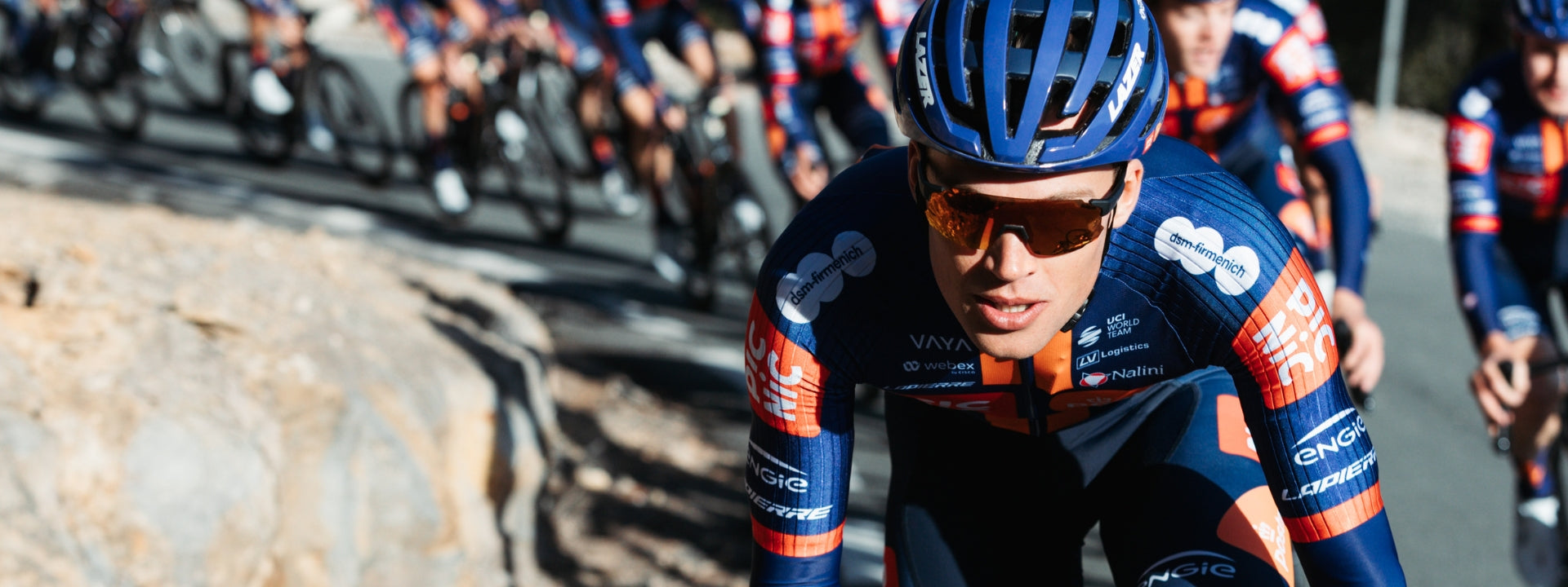 Professional cyclist leading the pack