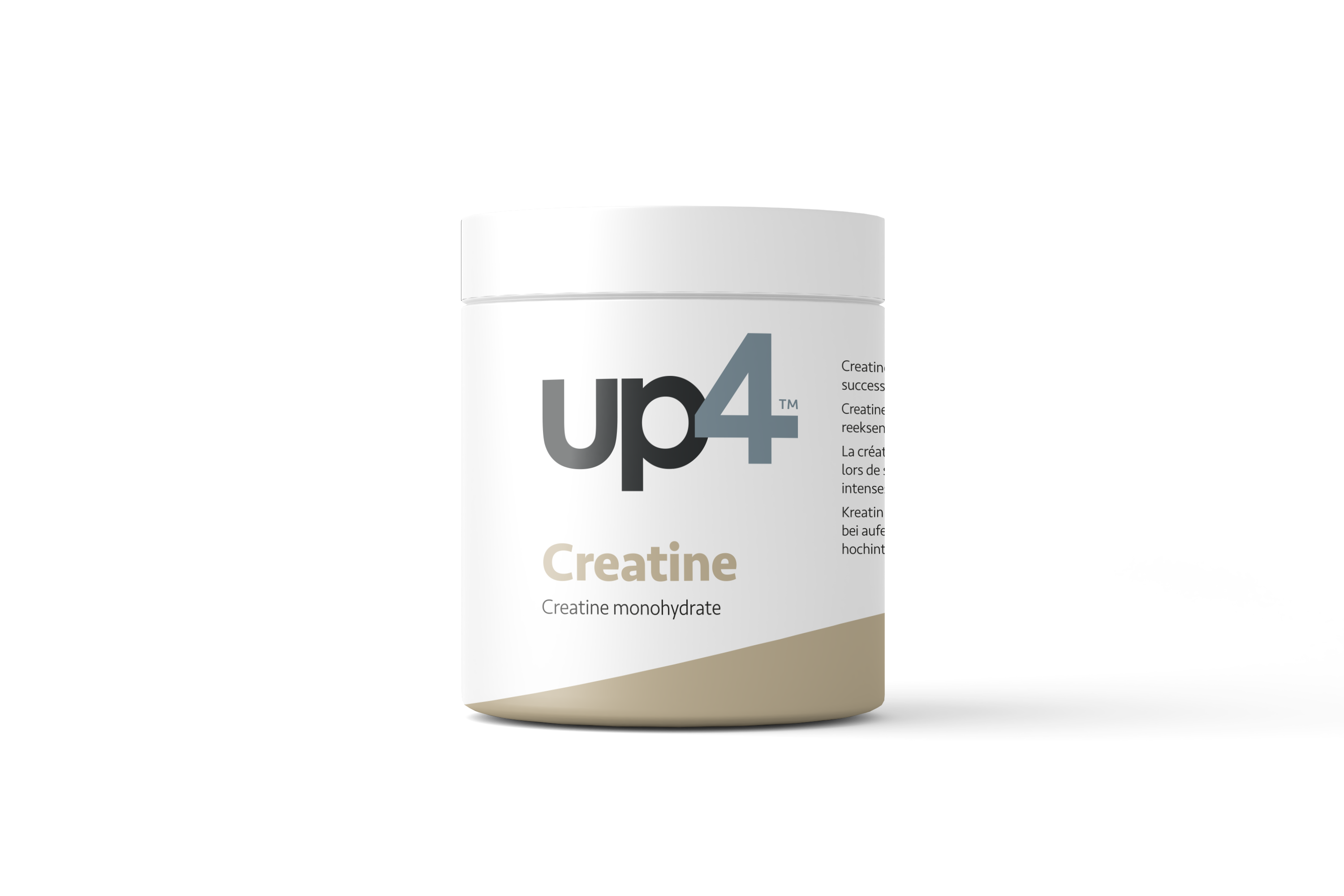 A white and beige cannister of up4 creatine monohydrate powder