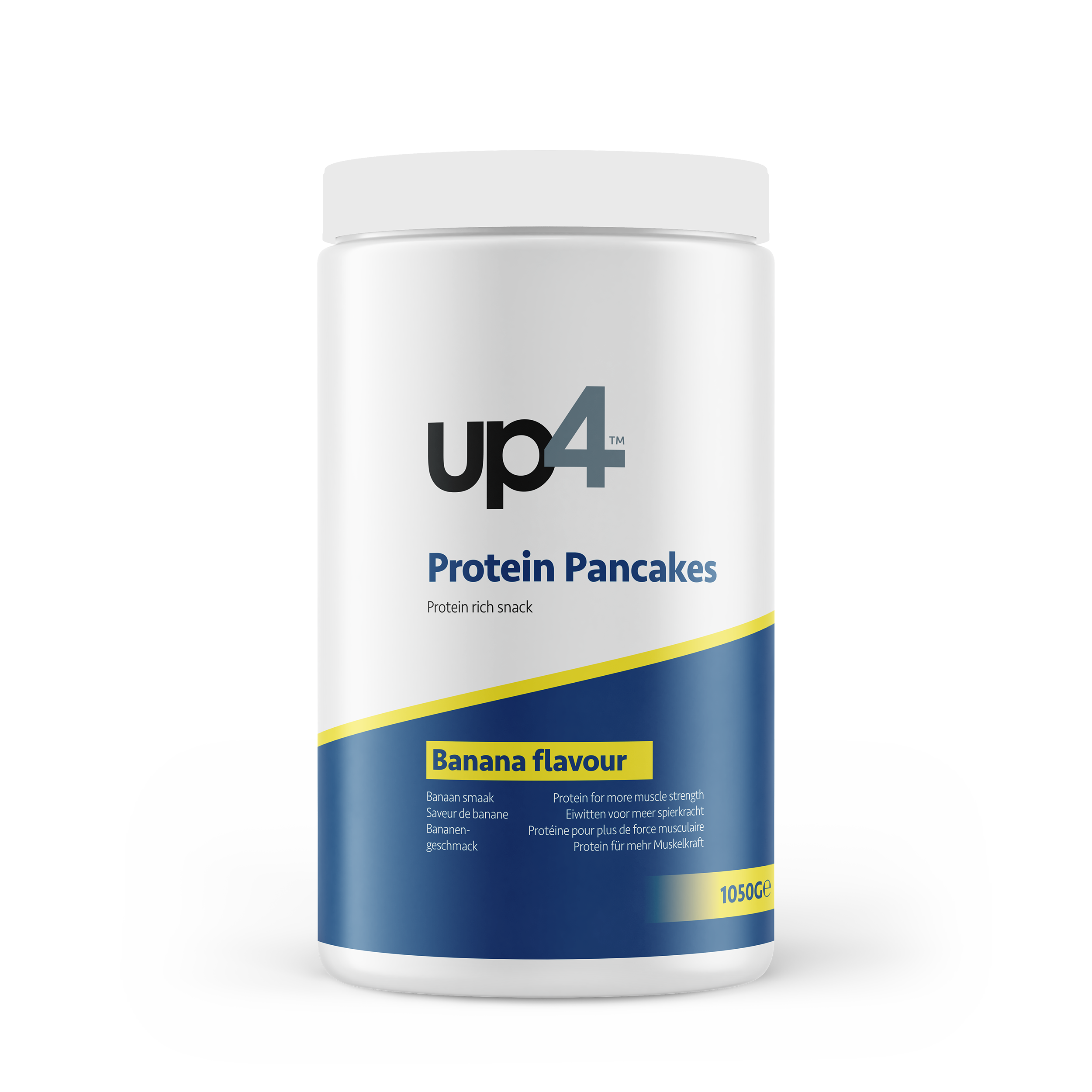 Blue and white cannister of up4 protein pancakes in banana flavour