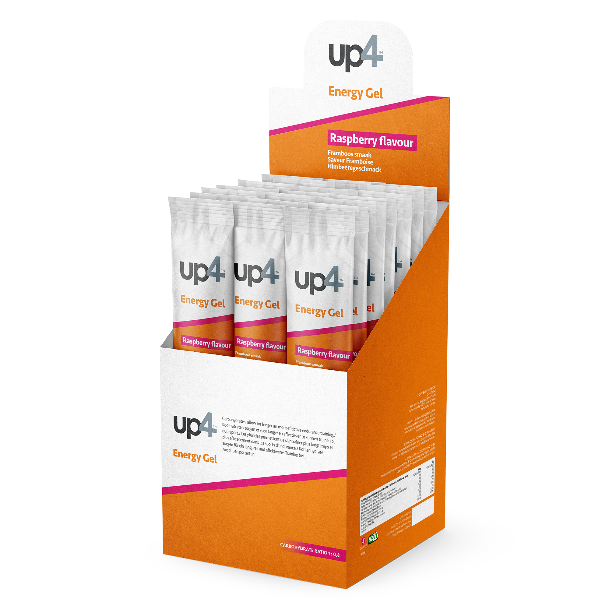 up4 energy gels in raspberry flavour in a box