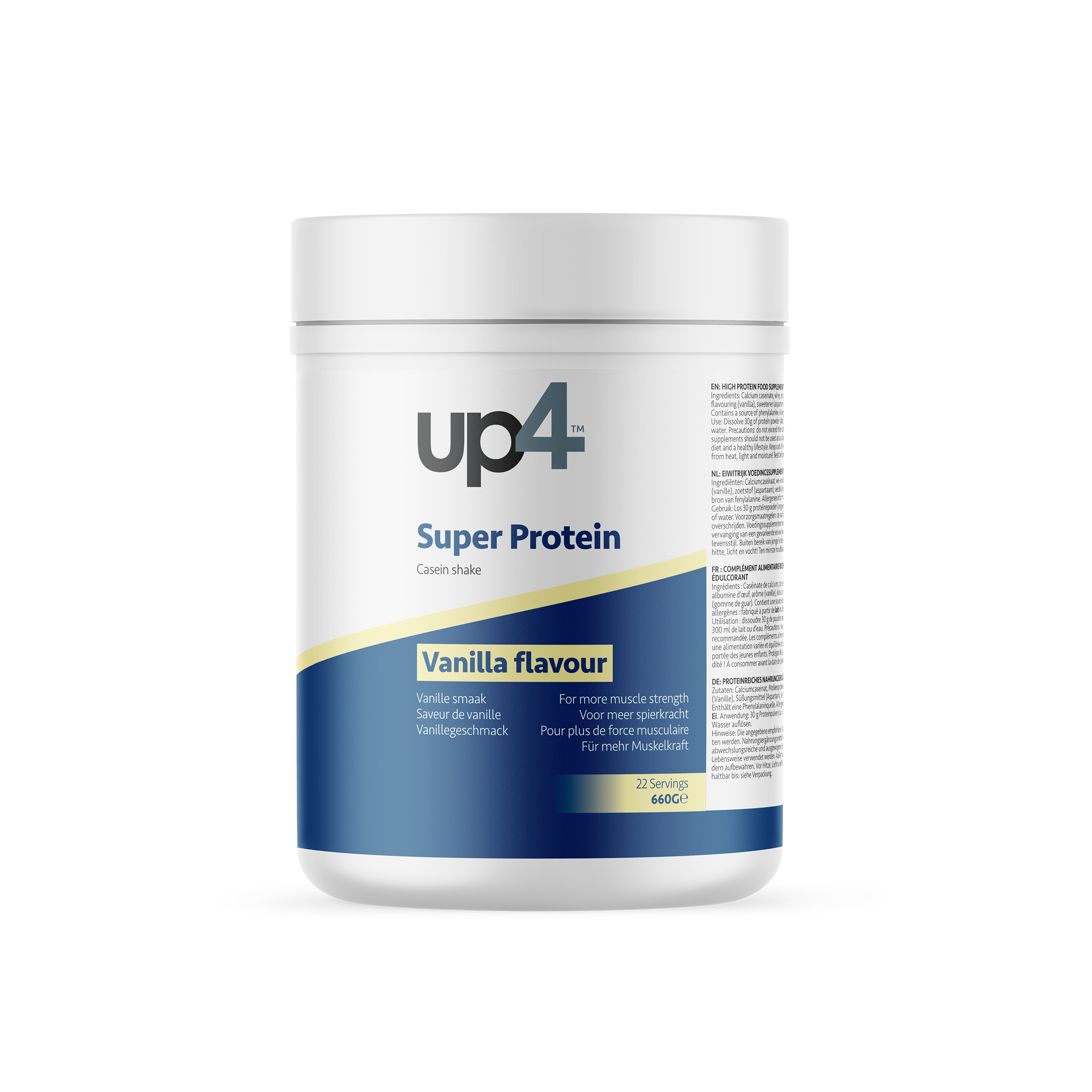Blue and white cannister of up4 super protein vanilla flavor