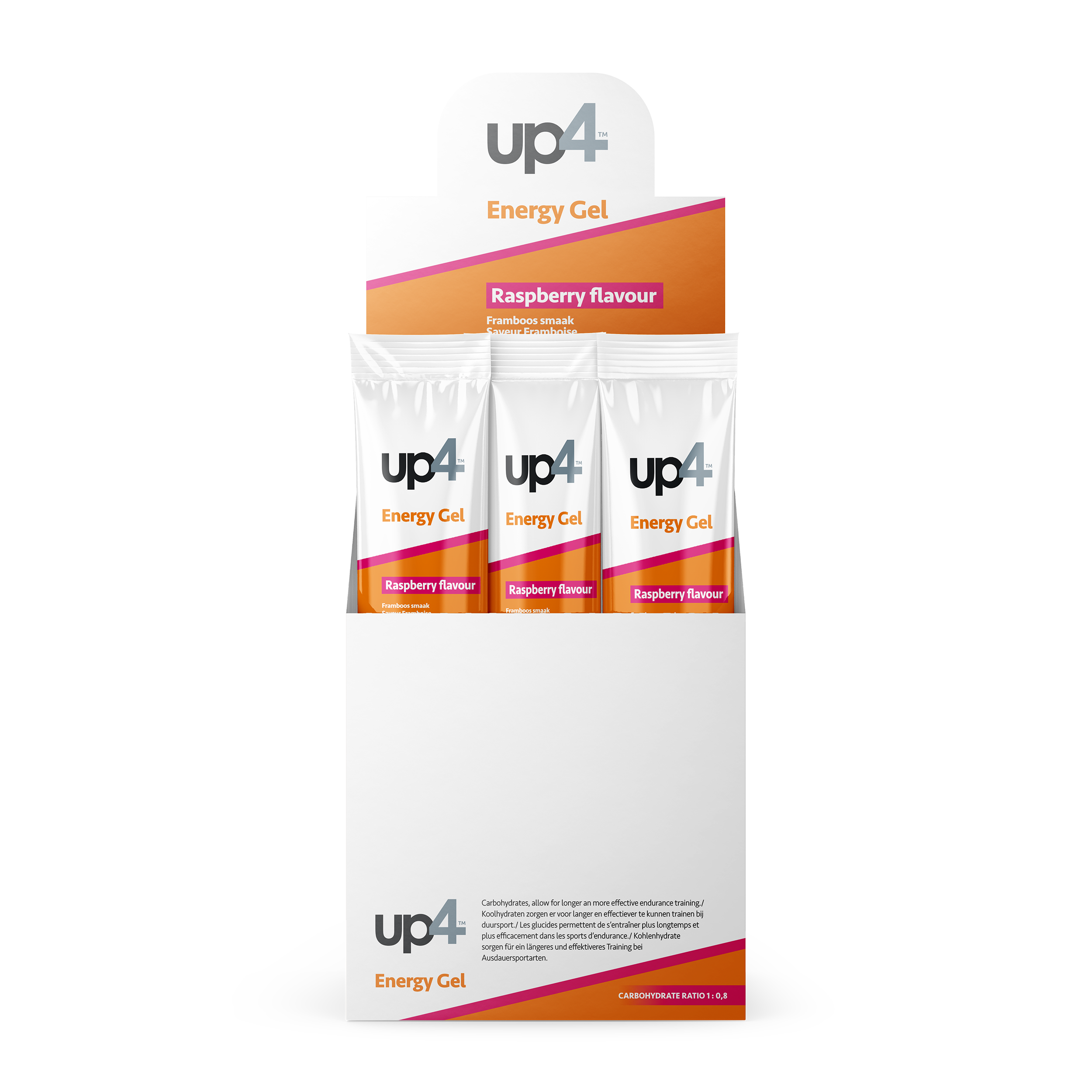 Packaging of up4 Energy Gel with raspberry flavor on a white background