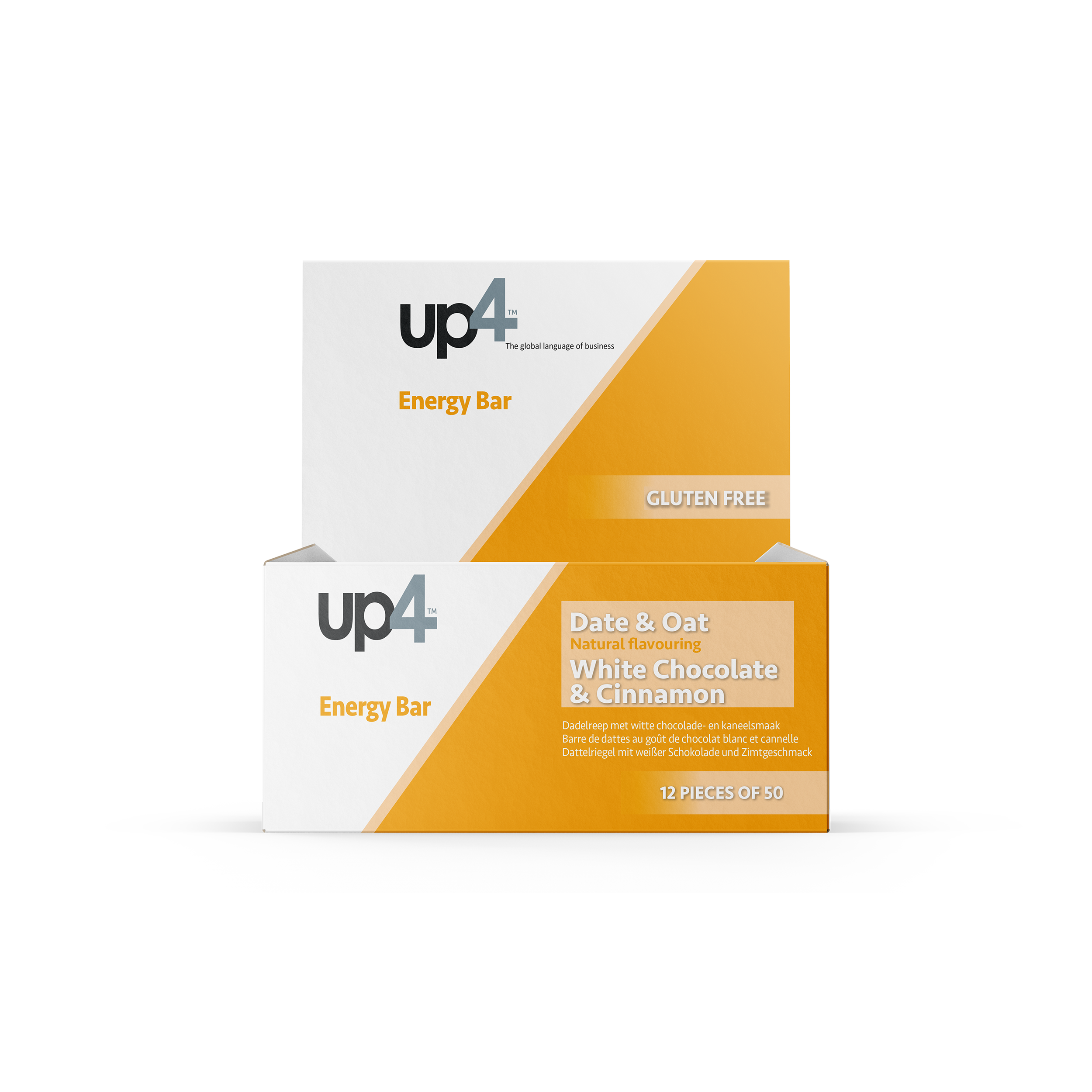 box of up4 data and oat energy bars in white chocolate and cinnamon flavor