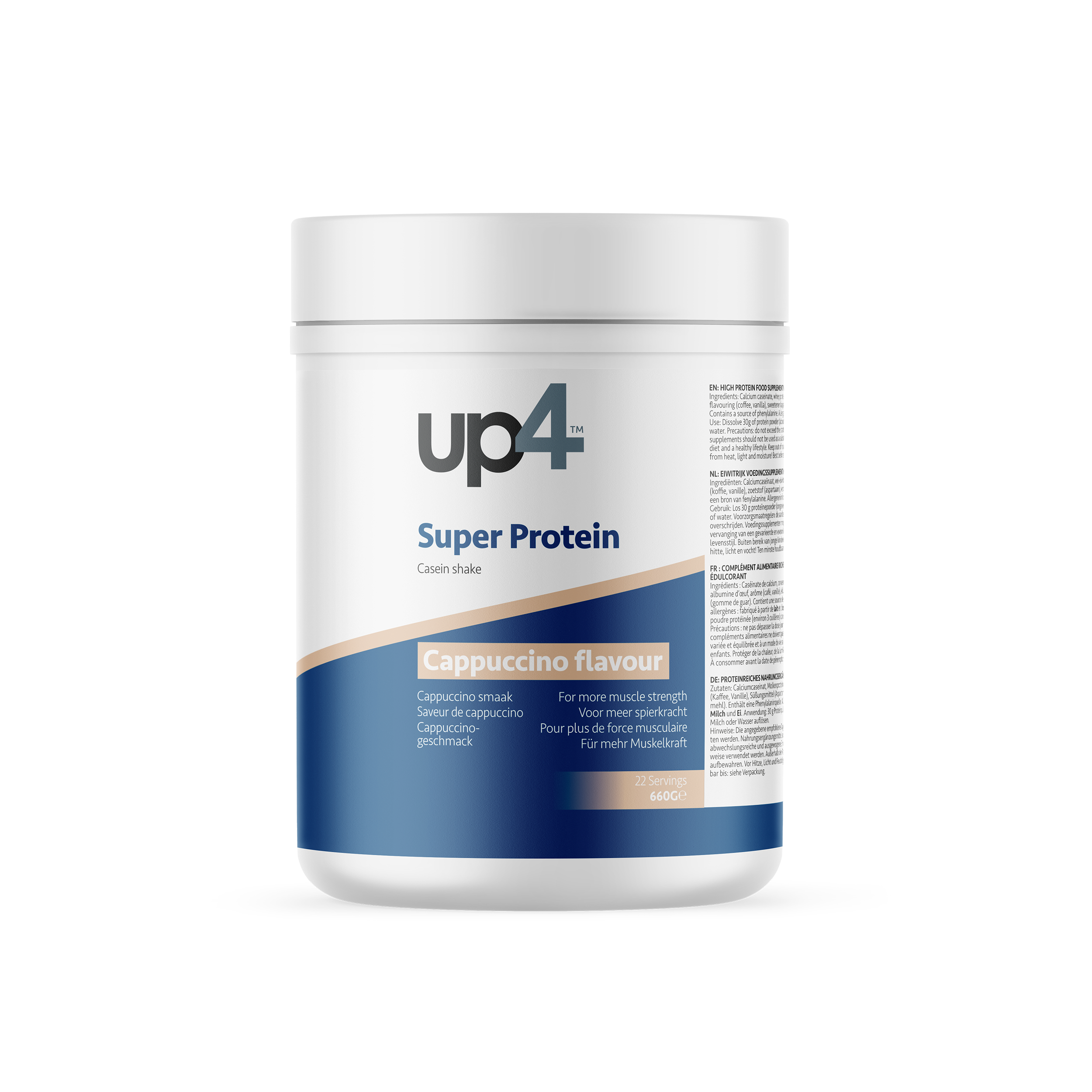 Up4 Super Protein container with cappuccino flavour on a white background
