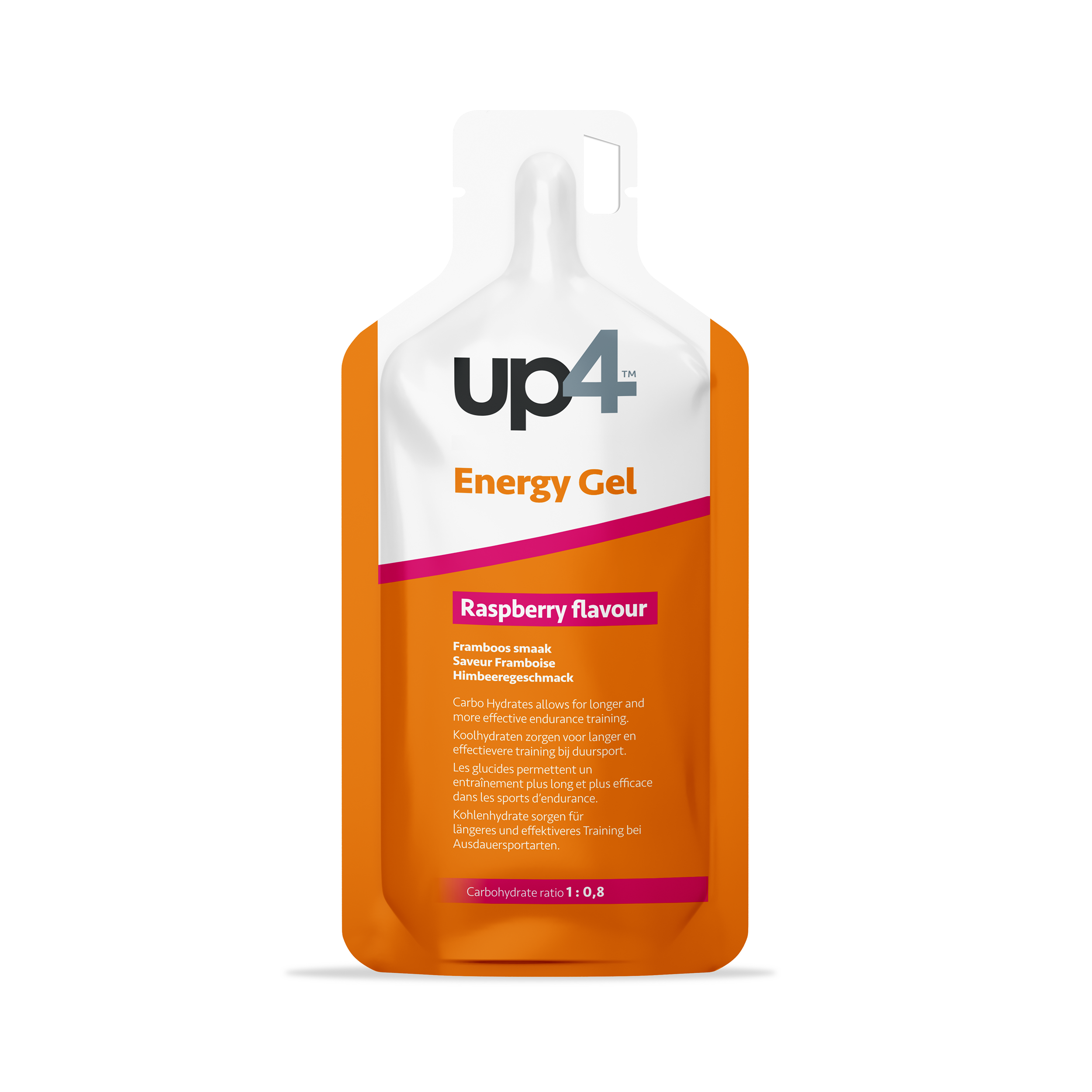 Orange and white energy gel package with 'up4' branding on a white background