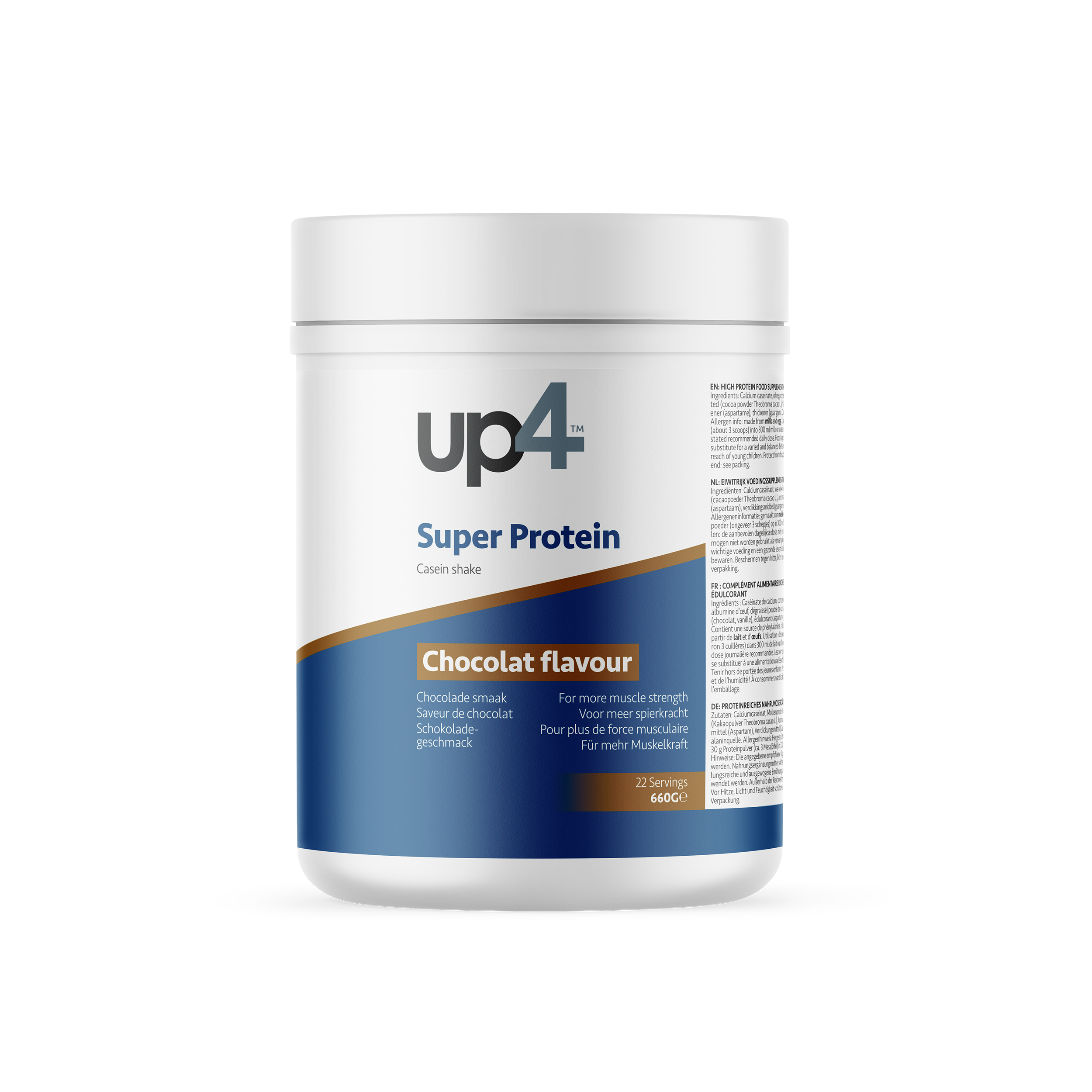 Blue and white cannister of up4 super protein in chocolate flavor