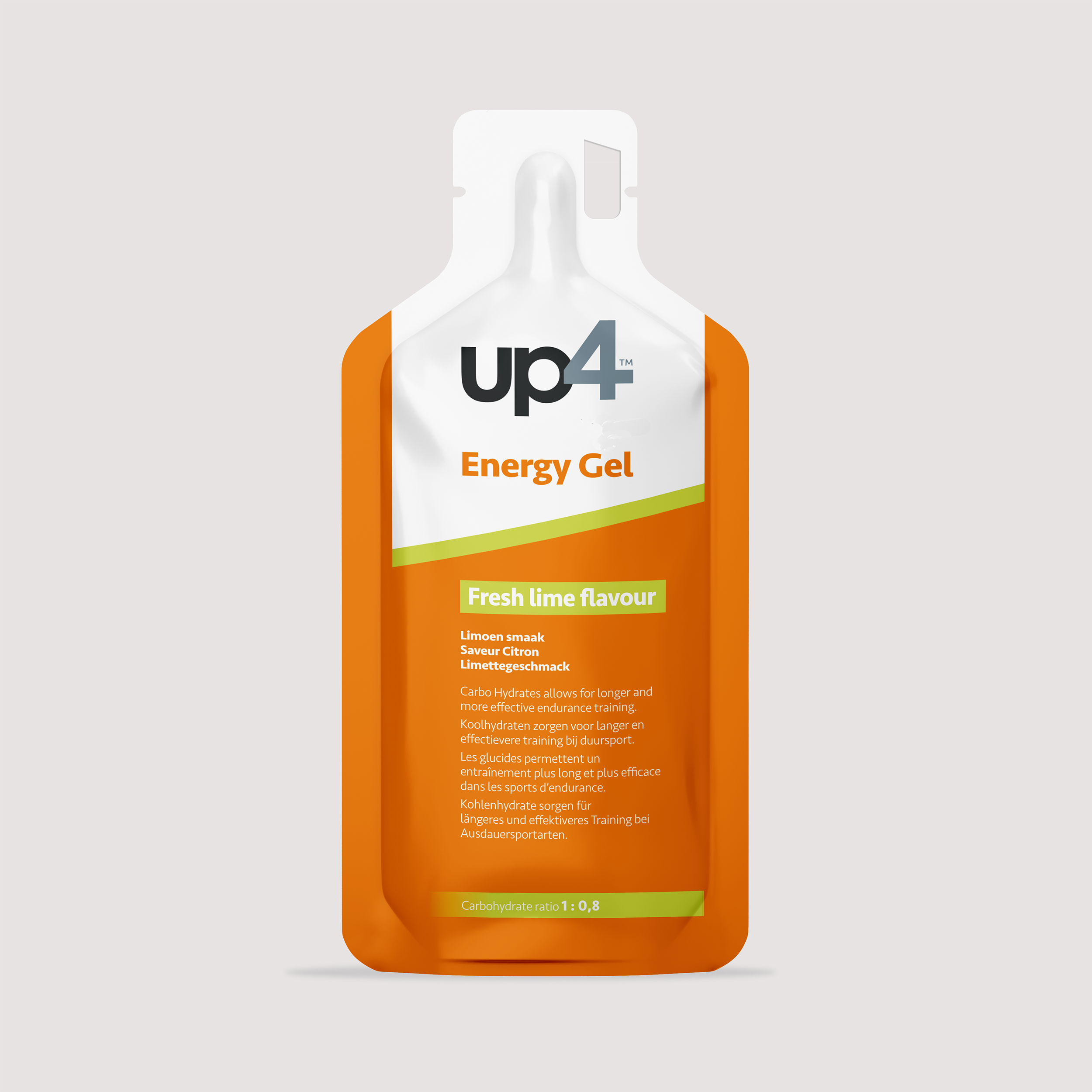 Orange energy gel package with 'up4' branding on a light gray background