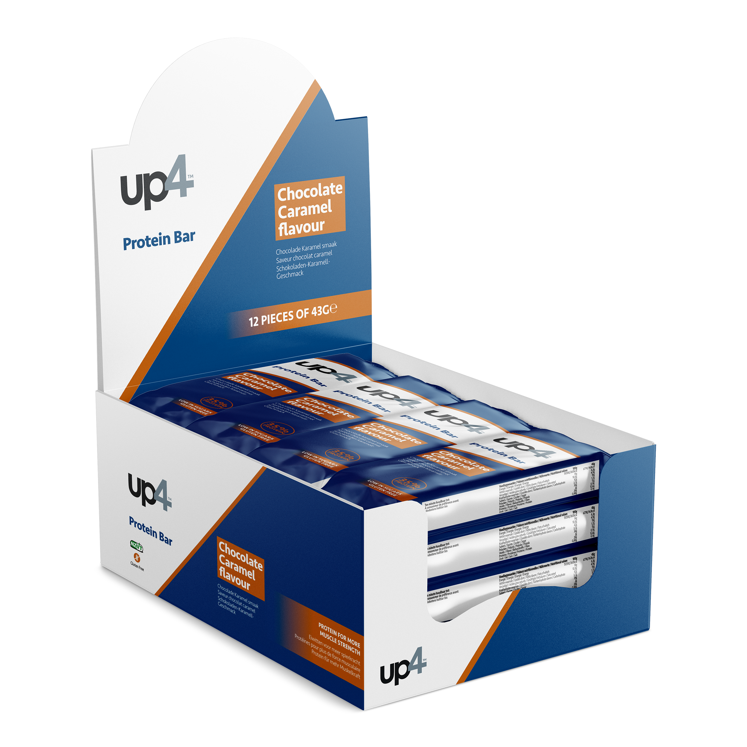 Box of UP4 Protein Bars with chocolate caramel flavor on a white background