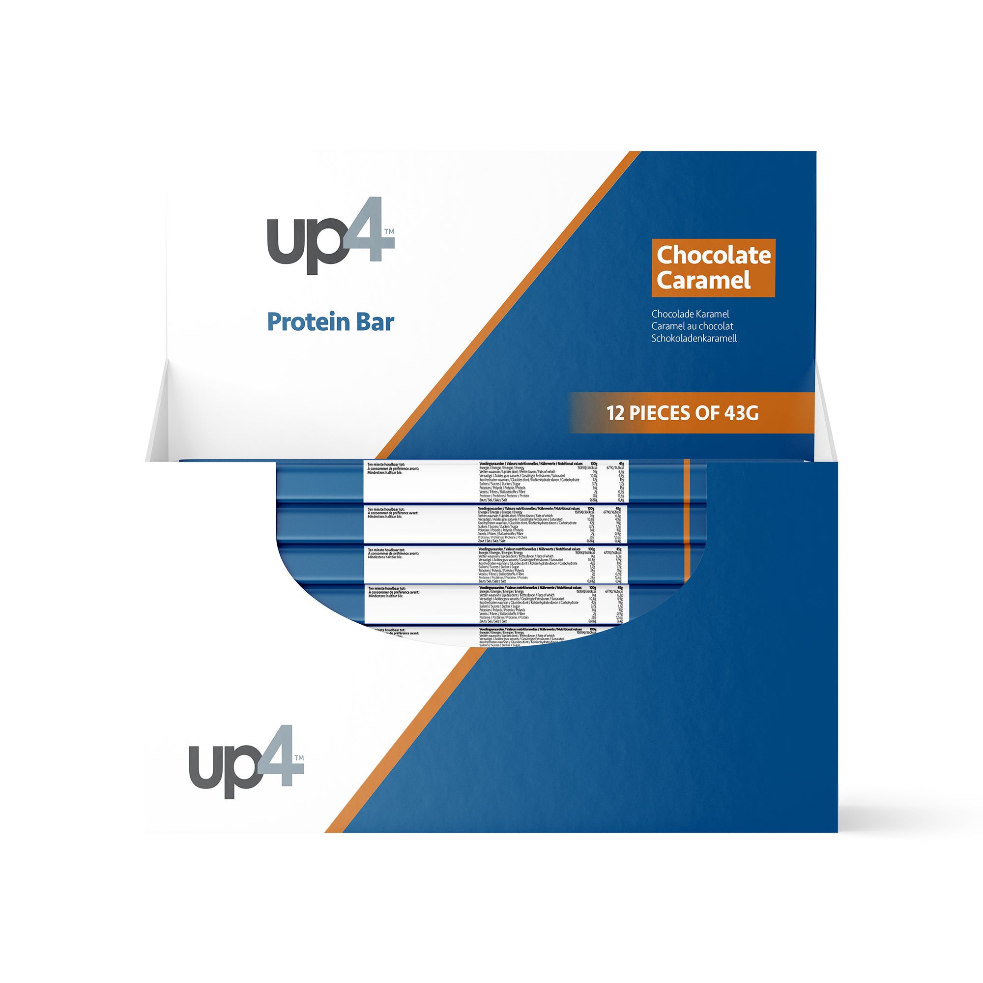 Packaging of up4 Protein Bar in Chocolate Caramel flavor on a white background