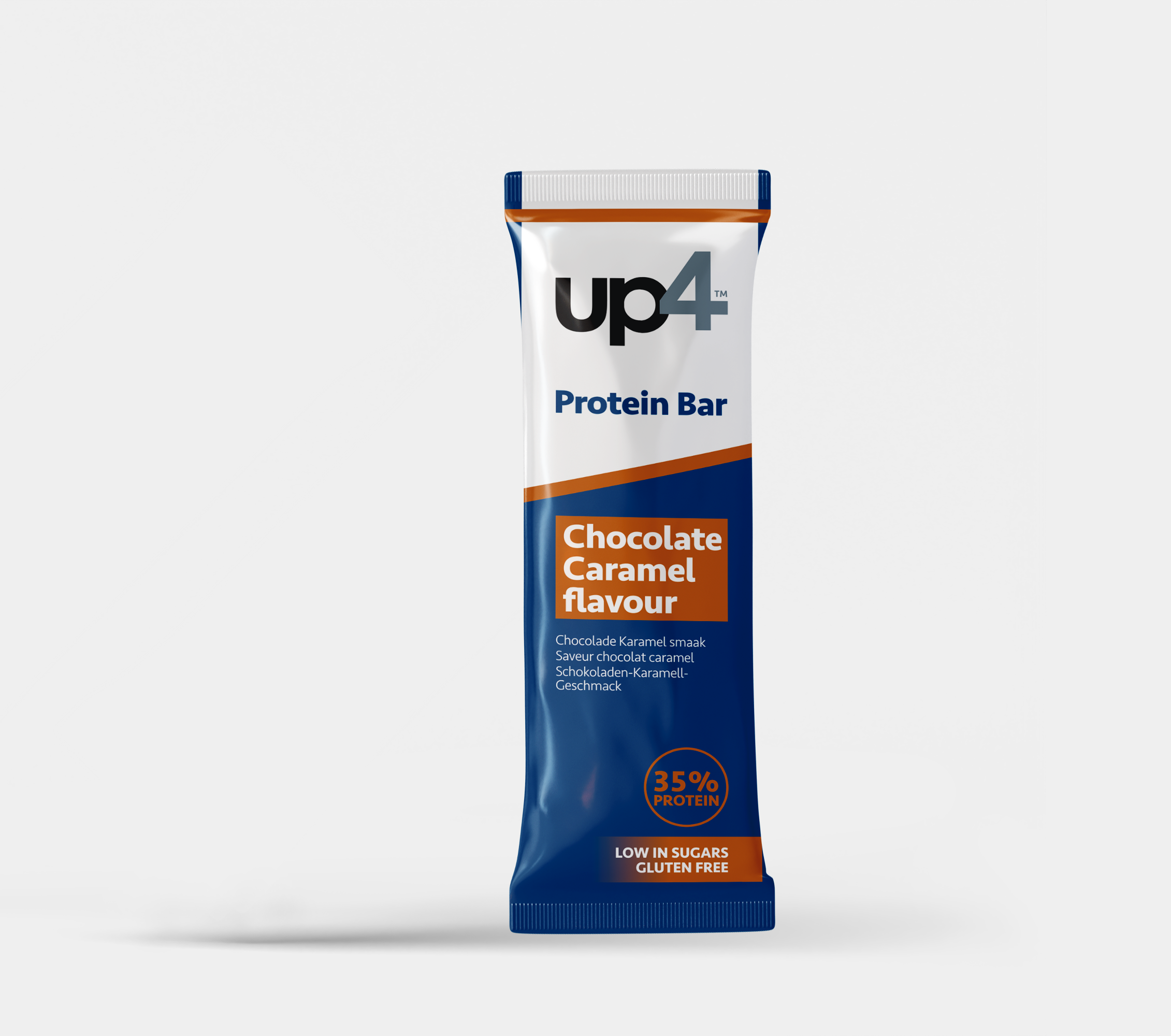 Up4 Protein Bar packaging with chocolate caramel flavor on a white background