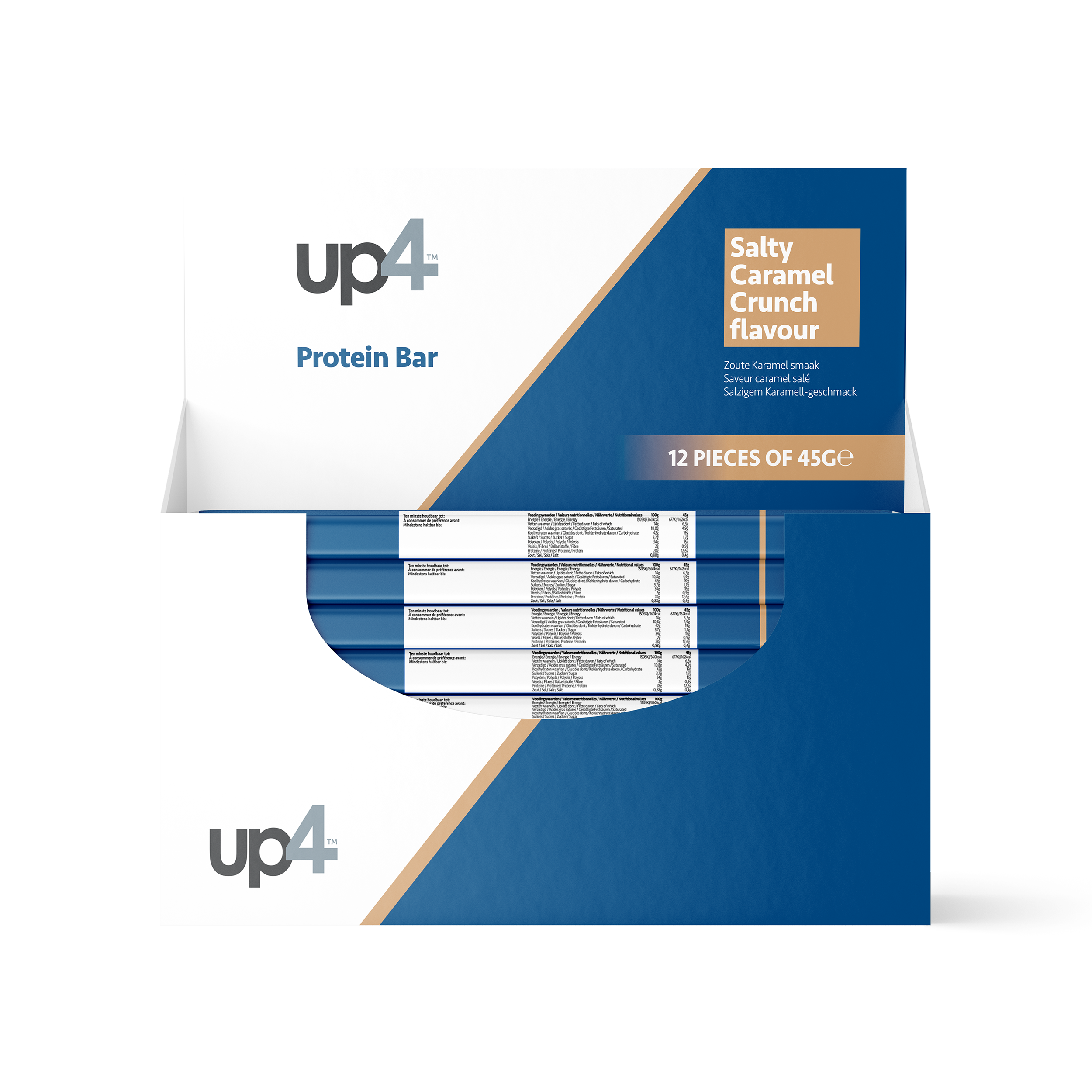 Box of up4 protein bars in salty caramel crunch flavor