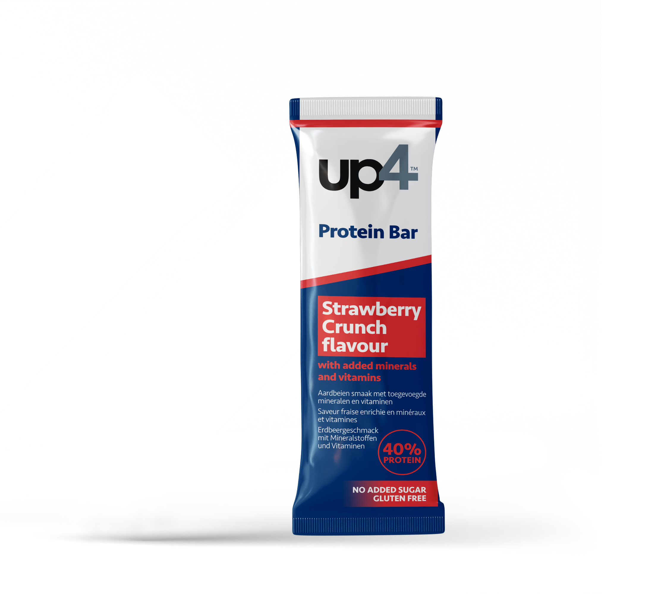 Up4 protein bar packaging with strawberry crunch flavor on a white background