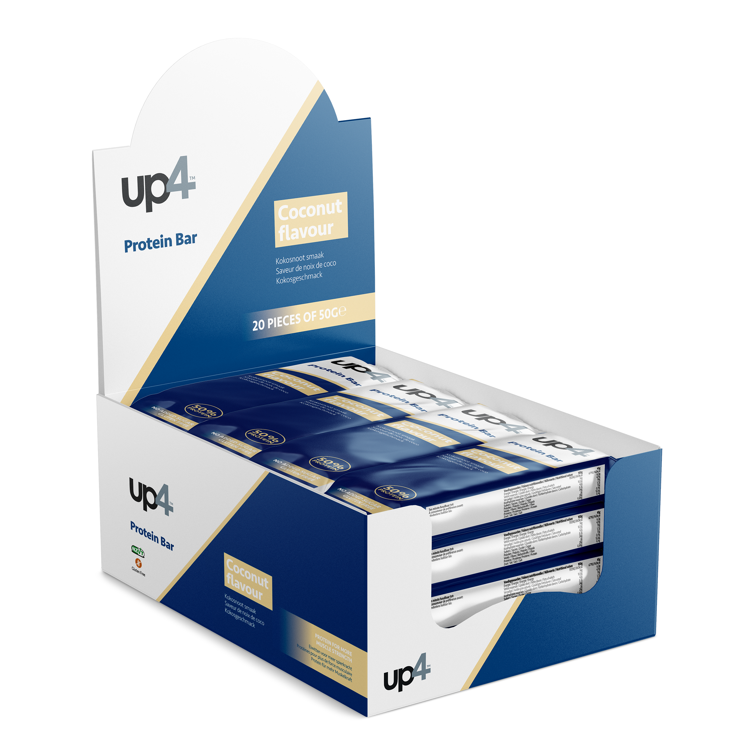 Box of up4 protein bars in coconut flavour