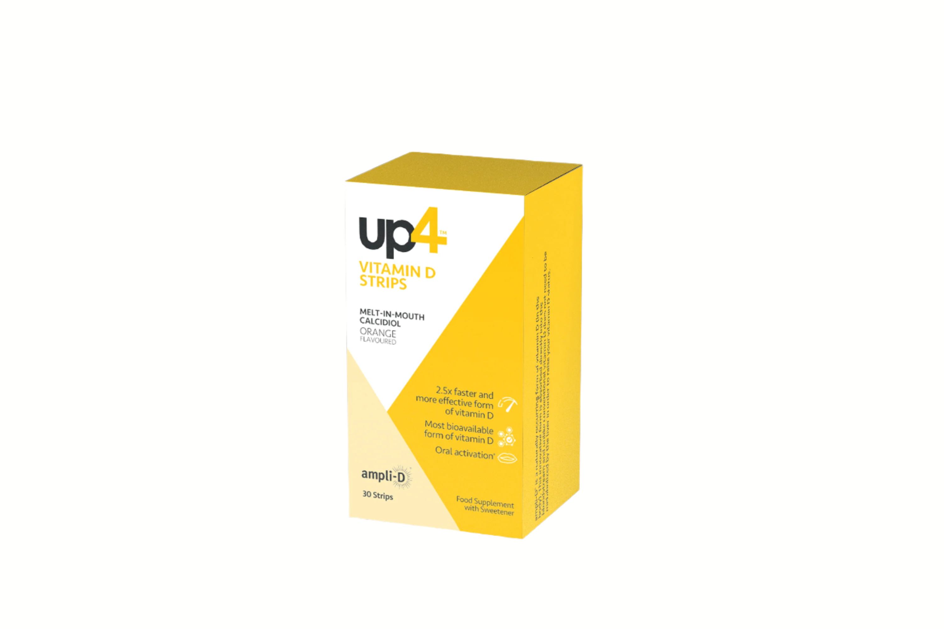 A yellow box of 'up4' brand Vitamin D strips with Ampli-D, featuring a simple design with product information.
